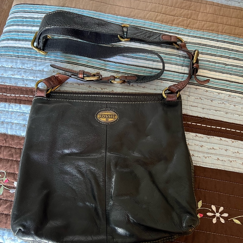 Fossil Black Messenger Bag with Leather Flap-Over Design
